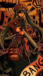 1girl absurdres artist_name black_nails calytakim full_body gun hair_between_eyes hat hatsune_miku highres holding holding_gun holding_weapon lizard long_hair one_eye_in_shadow outline sandals solo standing star_(symbol) twintails very_long_hair vocaloid weapon worldwide_miku yellow_outline yellow_theme