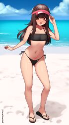 1girl beach bikini black_bikini black_nails black_sandals blush breasts brown_eyes brown_hair cloud collarbone fang flip-flops footprints hat kuroonehalf long_hair looking_at_viewer navel ocean open_mouth original print_bikini red_hat sand sandals side-tie_bikini_bottom skull_print sky small_breasts smile standing swimsuit visor_cap water
