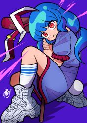 1girl :&lt; absurdres animal_ears blue_background blue_dress blue_hair blush dress highres kine leaf_st long_hair looking_at_viewer mallet rabbit_ears rabbit_girl rabbit_tail red_eyes seiran_(touhou) solo tail touhou