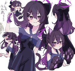 1girl animal_ears animal_hands back blue_archive bow breasts cat_ears cat_tail chibi cleavage commentary_request dress earrings gloves hair_between_eyes hair_bow haruka_(blue_archive) haruka_(dress)_(blue_archive) highres holding holding_own_hair jewelry long_hair looking_at_another looking_at_viewer multiple_views official_alternate_costume out_of_frame paw_gloves picopico_hanma purple_dress purple_eyes purple_hair shy simple_background strapless strapless_dress tail translation_request white_background