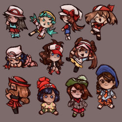 bandana baseball_cap beanie black_pantyhose black_vest blue_overalls boots bow braid brown_hair cardigan chibi chibi_only cutoffs dawn_(pokemon) donut_hair_bun double_bun eyewear_on_headwear floral_print gloria_(pokemon) green_hat green_shorts grey822aaa grey_cardigan hair_bun hat hat_bow high_ponytail highres hilda_(pokemon) juliana_(pokemon) kris_(pokemon) leaf_(pokemon) loose_socks lyra_(pokemon) may_(pokemon) multiple_girls naranja_academy_school_uniform necktie newsboy_cap nintendo open_clothes open_vest orange_necktie orange_shorts overalls pantyhose pantyhose_under_shorts pink_boots pink_hat pink_skirt plaid_clothes plaid_socks poke_ball_print poke_ball_theme pokemon pokemon_bw pokemon_bw2 pokemon_dppt pokemon_frlg pokemon_gsc pokemon_hgss pokemon_rse pokemon_sm pokemon_sv pokemon_swsh pokemon_xy ponytail porkpie_hat red_bandana red_hat red_scarf red_shirt red_skirt rosa_(pokemon) scarf school_uniform selene_(pokemon) serena_(pokemon) shirt shorts skirt sleeveless sleeveless_shirt socks sunglasses tam_o&#039;_shanter tied_shirt twintails vest visor_cap white-framed_eyewear white_hat wristband yellow_hat yellow_shirt yellow_shorts