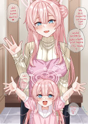 Rule 34 | :d, absurdres, aged up, apron, blue archive, blue eyes, blush, collar, dress, english text, frilled collar, frills, hair between eyes, happy, highres, housewife, mature female, mimori (blue archive), mother and daughter, open mouth, pink dress, pink hair, puffy short sleeves, puffy sleeves, ribbed sweater, rynn (darknescorez), short sleeves, smile, speech bubble, sweater