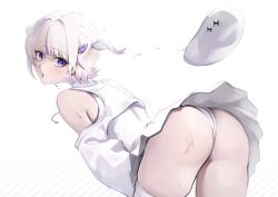 1girl absurdres ass bent_over beret blunt_bangs clothing_cutout commentary dalcom dated_commentary grey_hair hat highres hololive hololive_dev_is leotard leotard_under_clothes long_sleeves looking_at_viewer miniskirt multicolored_hair official_alternate_costume pleated_skirt purple_eyes purple_hair short_hair shoulder_cutout shrug_(clothing) single_thighhigh skirt solo streaked_hair thighhighs todoroki_hajime todoroki_hajime_(regloss_uniform) two_side_up unworn_hat unworn_headwear virtual_youtuber white_hat white_leotard white_shrug white_skirt white_thighhighs