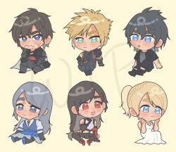 black_hair blonde_hair blue_eyes blush braid char_(shanqi_art) chibi clive_rosfield cloud_strife expressionless facial_hair final_fantasy final_fantasy_vii final_fantasy_vii_rebirth final_fantasy_vii_remake final_fantasy_xv final_fantasy_xvi green_eyes grey_eyes grey_hair highres jill_warrick long_hair looking_at_another looking_at_viewer lunafreya_nox_fleuret multiple_boys multiple_girls noctis_lucis_caelum ponytail red_eyes short_hair simple_background sitting smile spiked_hair suspenders tifa_lockhart unfinished