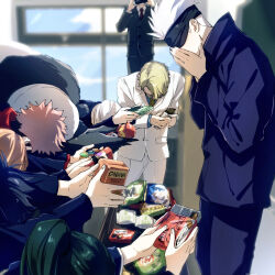 6+boys blindfold blonde_hair blurry blurry_background character_request classroom covering_own_mouth danshi_koukou_valentine_(meme) food fushiguro_megumi gojou_satoru highres holding holding_food holding_money indoors itadori_yuuji jujutsu_kaisen kuropani_cos long_hair long_sleeves male_focus meme money multiple_boys nanami_kento necktie open_mouth pink_hair ponytail short_hair surprised yaoi