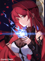1girl absurdres black_gloves blue_fire blurry breasts colored_inner_hair commentary depth_of_field dress elizabeth_rose_bloodflame elizabeth_rose_bloodflame_(1st_costume) english_commentary english_text fingernails fire gloves hair_between_eyes highres hololive hololive_english irroi large_breasts long_hair looking_at_viewer multicolored_hair nail_polish purple_hair red_eyes red_hair red_nails single_glove solo virtual_youtuber white_dress