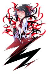 1girl black_hair blush closed_eyes commentary_request dairi full_body ghost_tail hair_ribbon holding holding_sword holding_weapon horns japanese_clothes katana kimono konngara_(touhou) large_variant_set long_sleeves open_mouth ponytail red_horns red_kimono red_ribbon ribbon sash short_hair simple_background single_horn smile solo sweatdrop sword tachi-e torn_clothes torn_kimono torn_sleeves touhou touhou_(pc-98) transparent_background variant_set weapon white_sash white_sleeves wide_sleeves