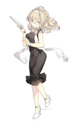1girl ahoge ankle_lace-up bangle black_dress blush bracelet braid breasts brown_eyes closed_mouth dress female_focus fingernails flower full_body glasses hair_between_eyes hairband hands_up high_heels highres holding holding_knife jewelry kitchen_knife knife light_brown_hair long_hair looking_at_viewer medium_breasts original round_eyewear saru shoes simple_background sleeveless sleeveless_dress solo standing standing_on_one_leg twitter_username white_background white_flower white_hairband white_shoes