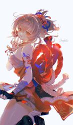 1girl arm_tattoo bandages blonde_hair breasts choker genshin_impact gloves grey_background hair_between_eyes hair_ornament highres japanese_clothes kimono looking_at_viewer omces96 orange_kimono ponytail red_choker sarashi simple_background smile solo tattoo yellow_eyes yoimiya_(genshin_impact)