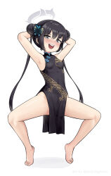 1girl :d armpits arms_behind_head bare_legs barefoot batazungharn black_dress black_hair blue_archive blush butterfly_hair_ornament china_dress chinese_clothes commentary_request double_bun dress eyes_visible_through_hair full_body grey_eyes groin gymnastics hair_between_eyes hair_bun hair_ornament halo highres kisaki_(blue_archive) long_hair looking_at_viewer no_panties open_mouth pelvic_curtain side_slit sidelocks simple_background sleeveless smile solo spread_legs tiptoes toes twintails white_background