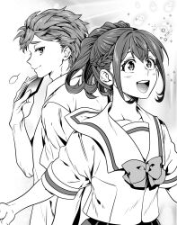 1boy 1girl :d adam&#039;s_apple artist_request bad_link blush bow braid braided_ponytail breasts check_artist chest_bow collarbone collared_shirt cropped_shirt greyscale hair_between_eyes hair_bun hair_ornament hair_ribbon happy high-waist_skirt highres ikuhashi_muiko light_blush long_hair looking_at_viewer monochrome open_mouth outstretched_arms pleated_shirt ponytail ribbon robotics;notes sailor_collar school_uniform senomiya_akiho serafuku shirt short_hair short_sleeves sidelocks simple_background skirt smile teeth tongue upper_body white_background yashio_kaito