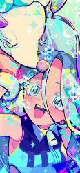 1girl absurdres air_bubble aqua_eyes aqua_hair blush bracelet breasts bubble closed_eyes gen_7_pokemon hair_between_eyes hat hatsune_miku highres jewelry long_hair mochi_(buchumi10) nintendo open_mouth pokemon pokemon_(creature) primarina project_voltage sleeveless small_breasts sparkle swimsuit teeth upper_body upper_teeth_only visor_cap vocaloid water_miku_(project_voltage)