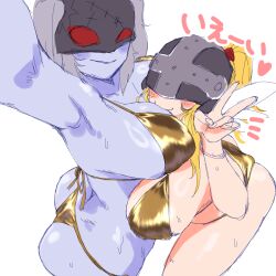 2girls absurdres angewomon arm_up ass bikini blonde_hair blush breast_biting breasts colored_skin commentary_request covered_eyes cowboy_shot digimon digimon_(creature) gerusyu gold_bikini golden_week golden_week_bikini grey_hair grey_skin heart helmet helmet_over_eyes highres ladydevimon large_breasts multiple_girls selfie simple_background sketch swimsuit v white_background