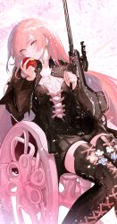 1girl absurdres ai_ai_gasa apple arknights black_boots black_dress black_jacket boots dress food fruit gun highres holding holding_food holding_fruit holding_gun holding_weapon jacket lace-up_boots lemuen_(arknights) long_hair long_sleeves open_clothes open_jacket pink_eyes pink_hair rifle scope sitting sniper_rifle solo thigh_boots weapon wheelchair yuki_flourish