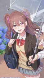 Rule 34 | 1girl, 1other, 2.5 jigen no ririsa, 2.5 jigen no ririsa tenshitachi no stage, bag, black jacket, blazer, bow, bowtie, brown hair, cardigan, collared shirt, commentary request, copyright notice, cowboy shot, grey skirt, hair ribbon, highres, holding, holding umbrella, jacket, long hair, long sleeves, official art, open clothes, open jacket, open mouth, pink eyes, pink ribbon, pleated skirt, red bow, red bowtie, ribbon, school bag, school uniform, shirt, skirt, smile, solo focus, tachibana mikari, teeth, transparent, transparent umbrella, two side up, umbrella, white shirt, yellow cardigan