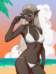 Rule 34 | 1girl, absurdres, alternate costume, arthan1011, bikini, cithis, dark-skinned female, dark skin, dungeon meshi, highres, solo, standing, sunglasses, swimsuit