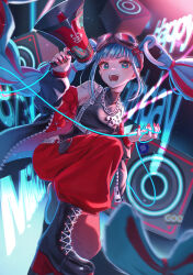 1girl 39 absurdres ankle_boots baggy_pants bare_shoulders belt black_bodysuit black_boots black_jacket blue_background blue_eyes blue_hair blunt_bangs blunt_ends blurry blurry_foreground bodysuit boots braid breasts cable cargo_pants chain chain_necklace character_name chest_belt chromatic_aberration clothes_writing commentary copyright_name dark_background dated dot_nose ear_piercing fingernails glint goggles goggles_on_head gradient_background hair_extensions hands_up happy_birthday hatsune_miku highres holding holding_megaphone jacket jacket_partially_removed jewelry knee_up lace-up_boots lens_flare light_particles magical_mirai_(vocaloid) magical_mirai_miku magical_mirai_miku_(2023) medium_breasts megaphone multicolored_hair necklace open_clothes open_jacket open_mouth padded_jacket pants piercing platform_boots red_hair red_jacket red_nails red_pants red_pupils ring_hair_extensions ring_hair_ornament satori_suzuha sharp_fingernails sidelocks solo speaker streaked_hair teeth tsurime twin_braids two-sided_fabric two-sided_jacket two-tone_hair vocaloid white_belt zipper zipper_pull_tab