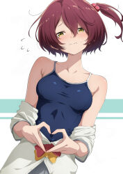 Rule 34 | 1girl, blush, bow, bowtie, breasts, collarbone, competition swimsuit, cowboy shot, grey skirt, hair bobbles, hair ornament, highres, komari chika, looking at viewer, make heroine ga oo sugiru!, nishizuki shino, one-piece swimsuit, one side up, red hair, school uniform, shirt, short hair, short sleeves, skirt, small breasts, solo, swimsuit, swimsuit under clothes, trembling, tsuwabuki high school uniform, white shirt, yellow bow, yellow bowtie, yellow eyes