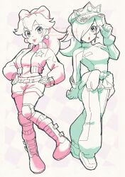 12_hnt 2girls baggy_pants boots bow clothes_around_waist earrings gloves hair_bow hair_over_one_eye hands_on_own_hips hat jacket jewelry knee_pads multiple_girls open_clothes open_jacket pants ponytail princess_peach princess_peach_(touring) rosalina rosalina_(pro_racer) short_shorts shorts