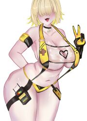 1girl blonde_hair blush breasts choker cleavage clothing_cutout commentary elegg_(boom_and_shock)_(nikke) elegg_(nikke) english_commentary fang gloves goddess_of_victory:_nikke hair_over_eyes heart_cutout highres large_breasts long_bangs looking_at_viewer multicolored_hair navel open_mouth ruby_shoes shiny_skin short_hair simple_background slingshot_swimsuit smile solo standing swimsuit thighs two-tone_hair v white_background yellow_gloves yellow_slingshot_swimsuit