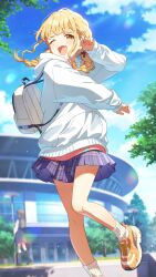 2girls absurdres backpack bag blonde_hair braid building card_(medium) cloud fang fujita_kotone gakuen_idolmaster game_cg hair_ornament highres hood hoodie idolmaster lamppost low_twin_braids multiple_girls official_art one_eye_closed open_mouth skin_fang tree twin_braids yellow_big_bang!_(idolmaster) yellow_eyes