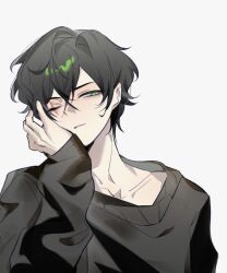 1boy andrew_graves black_hair black_sweater closed_mouth collarbone crossed_bangs double-parted_bangs green_eyes grey_background hair_between_eyes hand_on_own_cheek hand_on_own_face highres long_sleeves looking_to_the_side male_focus pointy_ears puffy_long_sleeves puffy_sleeves scar scar_across_eye scar_on_face short_hair simple_background sleeves_past_wrists solo sweater the_coffin_of_andy_and_leyley upper_body zhixiong93652