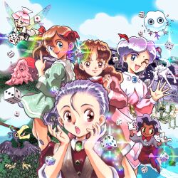 1boy 4girls akai_takami bird blue_eyes brown_eyes brown_hair character_request commentary_request creature cube_(princess_maker) dice dress fairy gloves highres lisa_(princess_maker) long_hair maria_(princess_maker) multiple_girls olive_oyl_(princess_maker_2) open_mouth praying_mantis princess_maker_(series) princess_maker_1 princess_maker_2 princess_maker_3 purple_hair short_hair sky slime_(creature) surprised unicorn