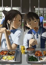 2girls absurdres black_hair brown_eyes brown_hair cafeteria chopsticks commentary_request curry curry_rice eating food food_in_mouth green_bell_pepper hands_up highres holding holding_chopsticks indoors jacket juice_box long_hair looking_at_viewer lucarios meat mole mole_under_eye multiple_girls one_eye_closed open_clothes open_jacket original people ponytail rice shirt short_hair shrimp smile table tray upper_body white_shirt window
