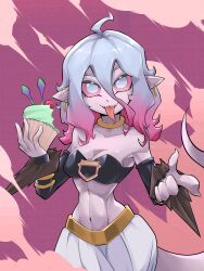 1girl absurdres ahoge android_21 breasts briar_(league_of_legends) collarbone colored_sclera colored_skin commentary cosplay cowboy_shot cupcake detached_sleeves dragon_ball earrings food grey_eyes grey_hair grey_skin hand_up hebinalmeog highres holding holding_food jewelry large_breasts league_of_legends long_tongue majin_android_21 majin_android_21_(cosplay) multicolored_hair navel pants pink_hair pink_sclera pointy_ears sharp_teeth smile stomach teeth tongue tongue_out two-tone_background two-tone_hair upper_teeth_only white_pants