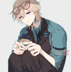 1boy aqueasirius aventurine_(honkai:_star_rail) black_hat black_necktie black_pants black_vest blonde_hair blue_eyes blue_gemstone blue_shirt character_doll closed_mouth collared_shirt commentary_request crossed_bangs doll earrings eyewear_on_head fingernails formal_clothes gem gold_ring hair_between_eyes hat holding holding_doll honkai:_star_rail honkai_(series) jewelry lapels long_sleeves looking_at_viewer male_focus multicolored_eyes neck_tattoo necktie pants pink-tinted_eyewear purple_eyes sample_watermark shirt short_hair simple_background single_earring sitting smile solo striped_clothes striped_shirt sunglasses tattoo tinted_eyewear vertical-striped_clothes vertical-striped_shirt vest watermark white_background yellow-framed_eyewear