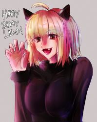 1girl ahoge aj_kuzunoha alternate_costume animal_ears arcueid_brunestud arcueid_brunestud_(monster_cat) black_leotard blonde_hair blush bodysuit breasts cat_ears english_text fake_animal_ears fang highres kagetsu_tooya large_breasts leotard looking_at_viewer official_alternate_costume paw_pose puffy_collar puffy_sleeve_cuffs red_eyes short_hair smile tsukihime tsukihime_(remake) upper_body