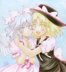 Rule 34 | 2girls, :d, angel wings, back bow, black hat, black skirt, black vest, blonde hair, blue eyes, blue hair, blush, bow, breasts, commentary request, cowboy shot, dress, expressionless, fedora, hair bow, hat, highres, io (maryann blue), looking at viewer, mai (touhou), medium hair, multiple girls, neck ribbon, open mouth, pink bow, pink dress, pink ribbon, puffy short sleeves, puffy sleeves, ribbon, shirt, short sleeves, simple background, skirt, small breasts, smile, touhou, touhou (pc-98), traditional media, vest, waist bow, white background, white ribbon, white shirt, wings, yellow eyes, yuki (touhou)