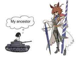 absurdres agnes_tachyon_(umamusume) ahoge animal_ears armor belt black_hair brown_hair centurii-chan collar cuirass faulds girls_und_panzer highres horse_ears lance meme military_vehicle motor_vehicle my_ancestor_(meme) necktie ooarai_school_uniform orange_eyes panzer_iv plate_armor polearm school_uniform serafuku smile sword tank umamusume weapon