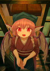 1girl 1other :d absurdres animal_ears apron bird_ears bird_wings black_apron black_headscarf brown_kimono building commentary_request doorway ekaapetto feathered_wings headscarf heart heart_in_eye highres holding_hands japanese_clothes kimono mystia_lorelei obi obijime okamisty open_mouth pink_hair pov pov_hands red_eyes sash short_hair short_sleeves smile solo_focus standing symbol_in_eye touhou window wings wooden_floor