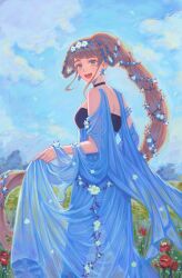 Rule 34 | 1girl, :d, absurdres, black choker, black dress, blue dress, blue flower, blue hair, blue nails, blue sky, braid, braided hair rings, choker, clothing cutout, cloud, commentary request, dnstar 1019, dress, dress flower, earrings, fate/grand order, fate (series), faux traditional media, feet out of frame, flower, flower earrings, from behind, grass, green eyes, grey hair, hair flower, hair ornament, hair rings, hair vines, high ponytail, highres, jewelry, johanna (fate), johanna (fgo fes. 2025) (fate), korean commentary, long hair, looking at viewer, looking back, multicolored hair, nail polish, open mouth, outdoors, ponytail, red flower, see-through clothes, see-through dress, shoulder cutout, skirt hold, sky, smile, solo, standing, streaked hair, teeth, two-tone dress, upper teeth only, very long hair, white flower