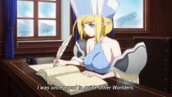 1girl animated anime_screenshot annette_(isekai_shikkaku) bare_shoulders blonde_hair blue_dress blue_eyes book breasts chair collarbone dress elf hat highres isekai_shikkaku large_breasts plume pointy_ears short_hair shoulder_plates sideboob sidelocks sitting sleeveless sleeveless_dress sound table tagme video writing