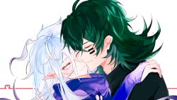 2boys ;) adam&#039;s_apple ahoge black_shirt blue_hair blush bridal_gauntlets cheek_tattoo chinese_commentary chromatic_aberration closed_eyes commentary_request crossed_bangs double-parted_bangs ear_blush flipped_hair gatling_pea_(plants_vs._zombies) green_hair hair_between_eyes hand_on_another&#039;s_shoulder highres light_particles long_hair long_hair_between_eyes looking_at_another male_focus medium_hair multiple_boys no_pupils nuzzle one_eye_closed personification plants_vs._zombies plants_vs._zombies_2 pointy_ears portrait profile purple_scarf scarf shadow_peashooter_(plants_vs._zombies) shirt siiiiiiiiiii simple_background smile sparkle tattoo turtleneck turtleneck_shirt u_u white_background white_eyes yaoi
