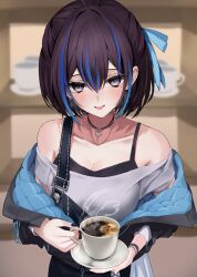 Rule 34 | 1girl, argule0901, black hair, black jacket, black overalls, blue hair, blue ribbon, blurry, blurry background, breasts, cleavage, coffee, commentary request, cup, double-parted bangs, earrings, grey eyes, hair ribbon, highres, holding, holding cup, indie virtual youtuber, indoors, jacket, jewelry, large breasts, looking at viewer, mole, mole under eye, multicolored hair, necklace, off-shoulder shirt, off shoulder, open mouth, overalls, partially unzipped, quilted jacket, ribbon, shirt, short hair, solo, streaked hair, t-shirt, two-sided fabric, two-sided jacket, two-tone hair, upper body, virtual youtuber, yubari rei