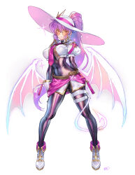 1girl absurdres black_bodysuit bodysuit breasts cosplay cropped_jacket demon_tail demon_wings evil_twin_ki-sikil evil_twin_ki-sikil_(cosplay) full_body gloves hat high_ponytail highres ki-sikil_(yu-gi-oh!) large_breasts long_hair looking_at_viewer matsuda_(matsukichi) necktie orange-tinted_eyewear pink_necktie ponytail puffy_short_sleeves puffy_sleeves purple_hair red_eyes shiny_clothes short_sleeves skirt solo tail tinted_eyewear touhou two-tone_bodysuit watatsuki_no_yorihime white_background white_gloves wide_brim wings yu-gi-oh!