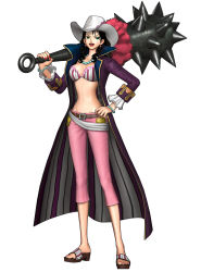 1girl 3d alvida_(one_piece) bra bracelet breasts club club_(weapon) coat earrings feet green_eyes highres jewelry lipstick makeup midriff nail_polish necklace official_art one_piece one_piece:_pirate_warriors sandals spiked_club toenail_polish toenails underwear weapon