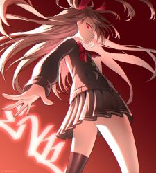 1girl absurdres animatrix backlighting black_cardigan black_skirt black_thighhighs bow bowtie brown_hair cardigan closed_mouth commentary cowboy_shot english_commentary evil_neuro-sama floating_hair from_behind from_below hair_ribbon highres long_hair long_sleeves looking_at_viewer neuro-sama pleated_skirt red_background red_bow red_bowtie red_eyes red_ribbon ribbon shirt single_thighhigh skirt solo thighhighs vedal_ai white_shirt