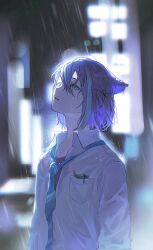 Rule 34 | 1boy, animal ears, aqua hair, black shirt, blue necktie, blurry, blurry background, breast pocket, cat ears, collared shirt, double-parted bangs, ears back, gag1tdiucvpteok, hair between eyes, head back, highres, kamishiro rui, kemonomimi mode, long sleeves, looking up, male focus, multicolored hair, necktie, open collar, parted lips, pocket, project sekai, purple hair, rain, shirt, solo, streaked hair, upper body, wet, wet clothes, wet hair, white shirt, wing collar, yellow eyes