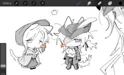 2girls akechisu1 animal_ears art_program_in_frame bloodborne bonnet cat_ears cat_tail chibi cloak greyscale hat_feather highres lady_maria_of_the_astral_clocktower lolita_fashion monochrome multiple_girls plain_doll tail