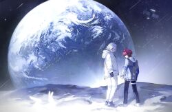 2boys animal aotsuki_eito black_pants coat earth_(planet) glasses highres hood hood_down hooded_coat jacket kaochuanyi9060 male_focus moon multiple_boys on_moon pants planet rabbit red_hair satellite shooting_star sky space standing star_(sky) sumino_takumi the_hundred_line_-last_defense_academy- white_coat white_hair white_pants