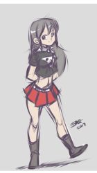 10s 1girl 2017 arms_behind_back belt black_eyes black_footwear black_hair black_shirt boots choker dated erik96 goth_fashion grey_background long_hair looking_at_viewer midriff navel print_shirt red_skirt shirt short_sleeves sketch skirt skull_print smile spiked_choker spikes standing white_belt