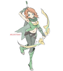 1girl arm_guards armpits arms_behind_head arrow_(projectile) artist_name boots bow_(weapon) breasts cleavage cleavage_cutout clip_studio_paint_(medium) closed_mouth clothing_cutout dota_(series) dota_2 eudetenis full_body green_boots green_eyes green_pants green_scarf green_shirt highres holding holding_arrow holding_bow_(weapon) holding_weapon long_hair looking_at_viewer medium_breasts navel orange_hair pants quiver scarf shirt simple_background solo standing standing_on_one_leg stomach stomach_cutout twitter_username weapon white_background windranger_(dota)