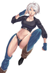 1girl angel_(kof) blue_eyes boots breasts cleavage curvy female_focus gloves huge_breasts jacket large_breasts leather leather_jacket leg_up pale_skin panties seges shoes short_hair the_king_of_fighters thick_thighs thighs underwear white_hair wide_hips