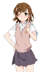 10s 1girl 2016 blush brown_eyes brown_hair female_focus flower hair_flower hair_ornament hand_on_own_hip highres jewelry looking_at_viewer matching_hair/eyes miniskirt misaka_mikoto one_eye_closed paper_drawing_(artist) ring school_uniform short_hair skirt smile solo standing summer_uniform thighs toaru_kagaku_no_railgun toaru_majutsu_no_index tokiwadai_school_uniform white_background wink