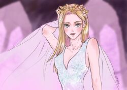 Rule 34 | 1girl, blackpink, blue eyes, blush, breasts, cleavage, commentary, crown, dress, ermioney, highres, krista lenz, looking at viewer, parted lips, pink hair, see-through clothes, see-through veil, shingeki no kyojin, sleeveless, sleeveless dress, solo, upper body, veil, white dress
