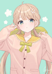1girl :o ahoge aqua_background blue_eyes brown_cardigan brown_hair buttons cardigan dot_nose flower green_ribbon hair_flower hair_ornament hands_up highres long_hair looking_at_viewer low_twintails open_mouth original ribbon shiromikan sleeves_past_wrists twintails upper_body white_flower